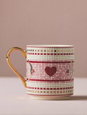 Anthropologie Bistro Tile Stoneware 24k Gold Accent Mug Valentine's Edition